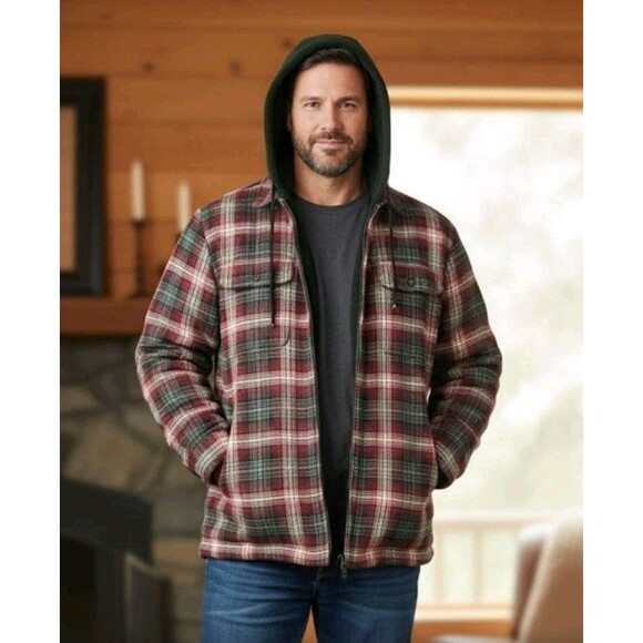 Pre-Owned Puritan Men's M Red Plaid Flannel Fleece Hooded Jacket 100% Cotton - Picture 1 of 16